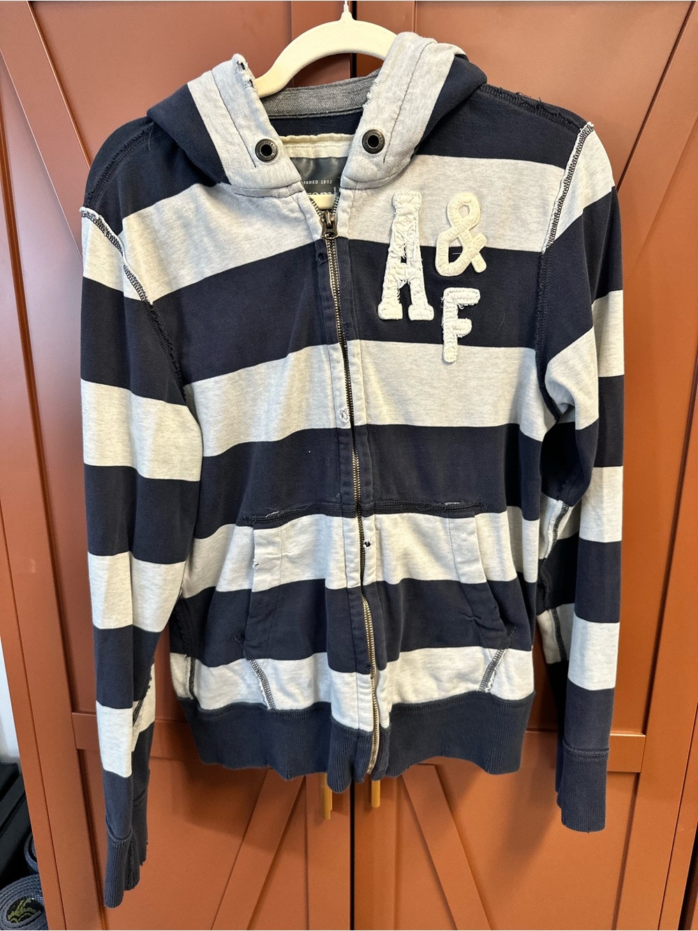 Abercrombie & Fitch Navy and Light Gray Striped Zip Hoodie